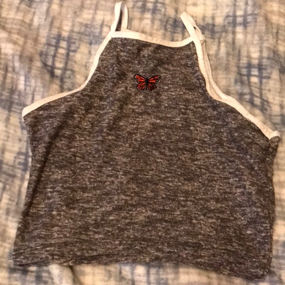 orange butterfly grey tank top
